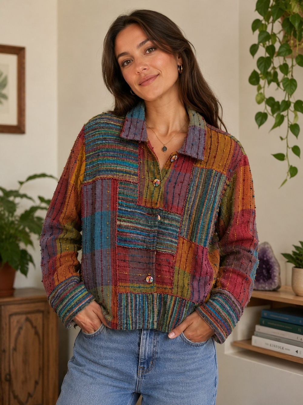 TravelSmith Multicolor Woven Button Jacket — Red, Blue, Yellow